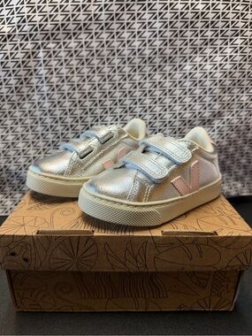 Veja Kids Metallic Silver Sneakers with Pink V Logo